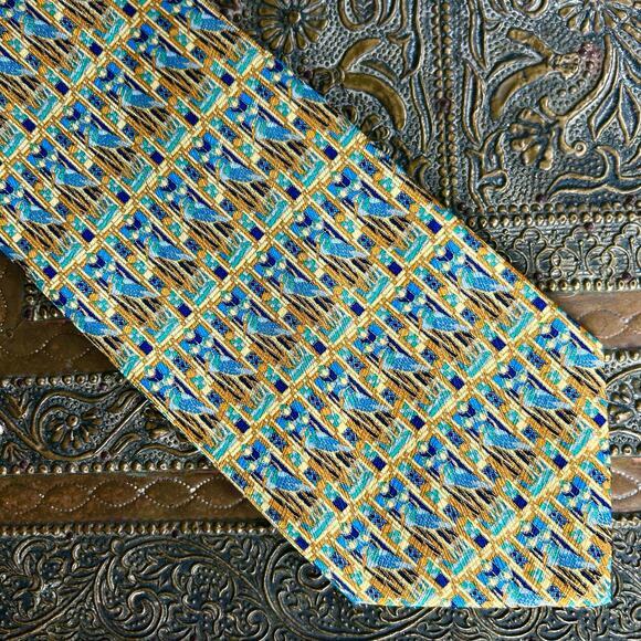 Brioni tie men's silk golden yellow birds ducks‎ multicolor 100% silk pattern - Picture 8 of 11